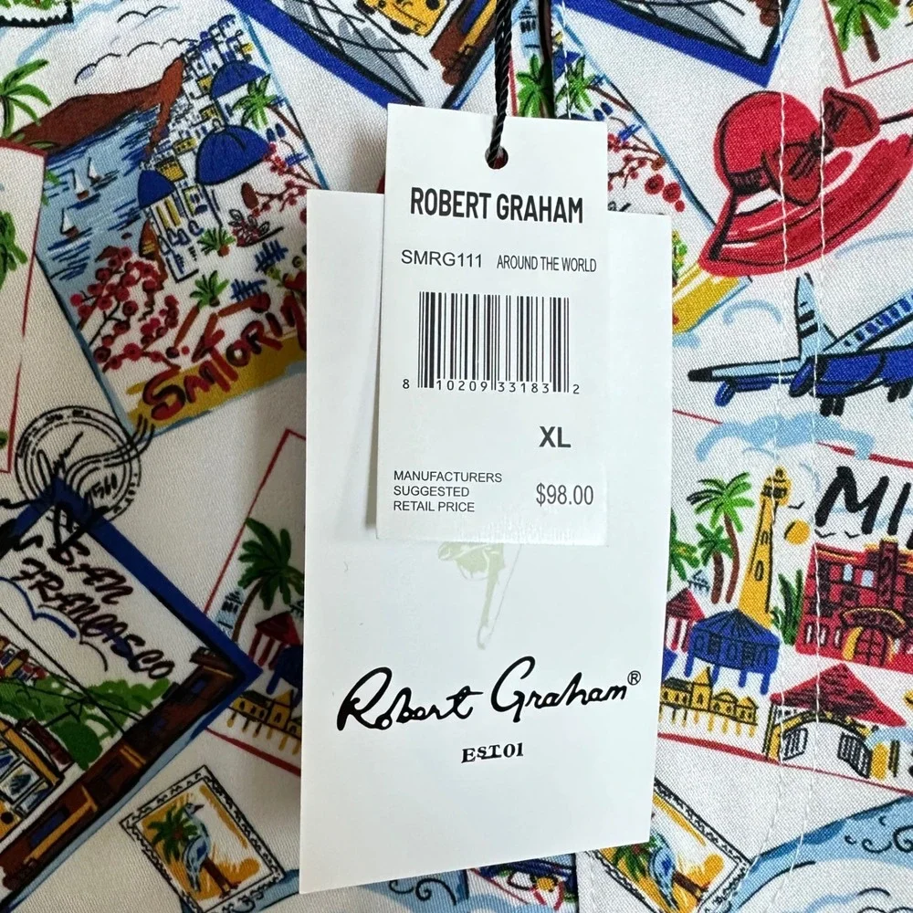 NEW Robert Graham Around the World Swim Shorts Mens XL Postcard Print Maximalist